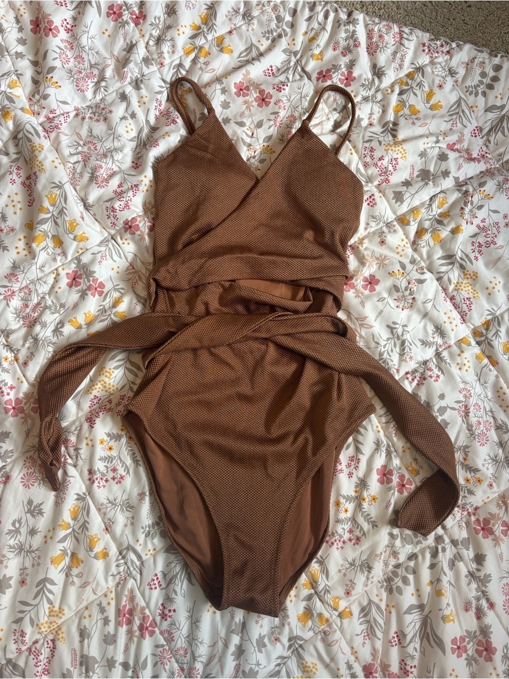 3-$20, 2-$15 or 1 -$10 aerie Brown Textured One-Piece Swimsuit with Wrap Tie